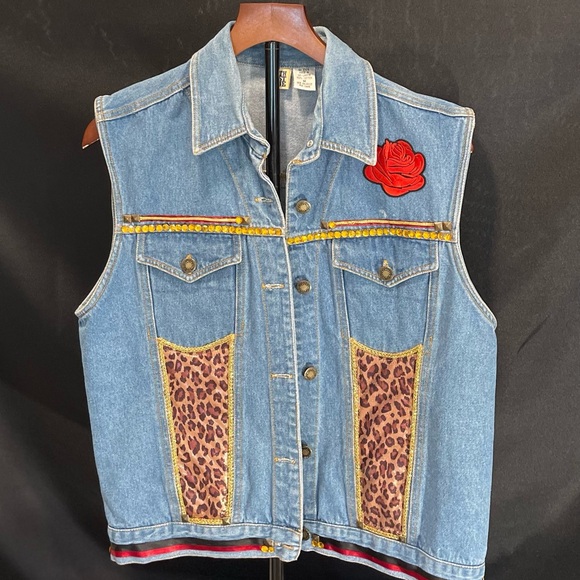 Northwest Blue Jackets & Blazers - Denim Vest Upcycled Hand Embellished Leopard Print Size Medium